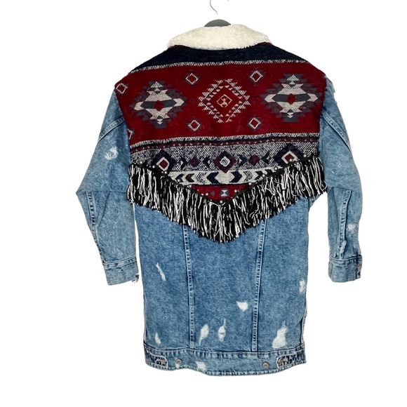 Zara Blue Aztec Fringe Faux Shearling Collar Jacket Size Small - Picture 6 of 8